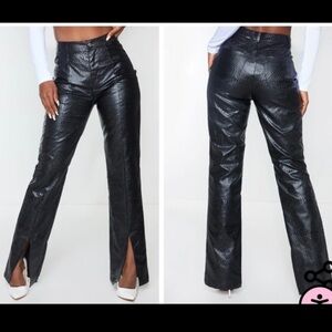 NWT PRETTYLITTLETHING Black croc embossed split hem pants SZ 6